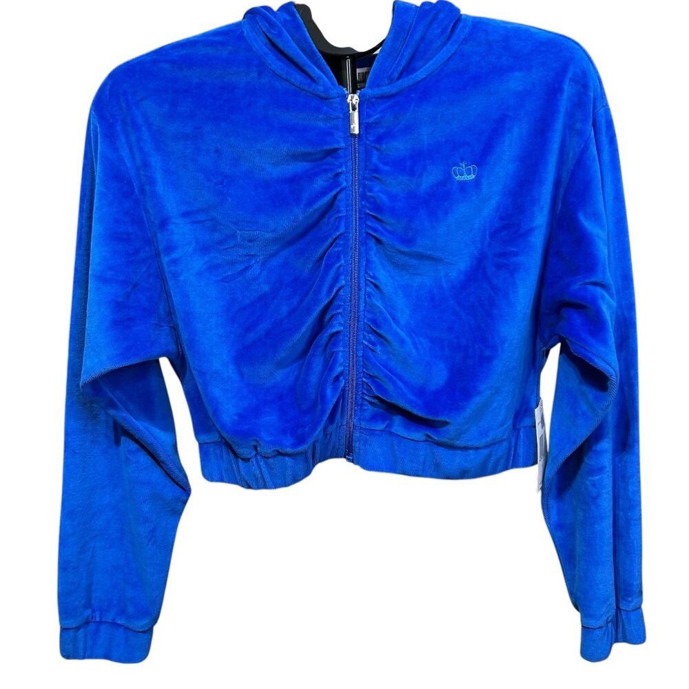 NWT Juicy Couture Blue Velour Rouched Zip Front Cropped Hooded Jacket  Size S